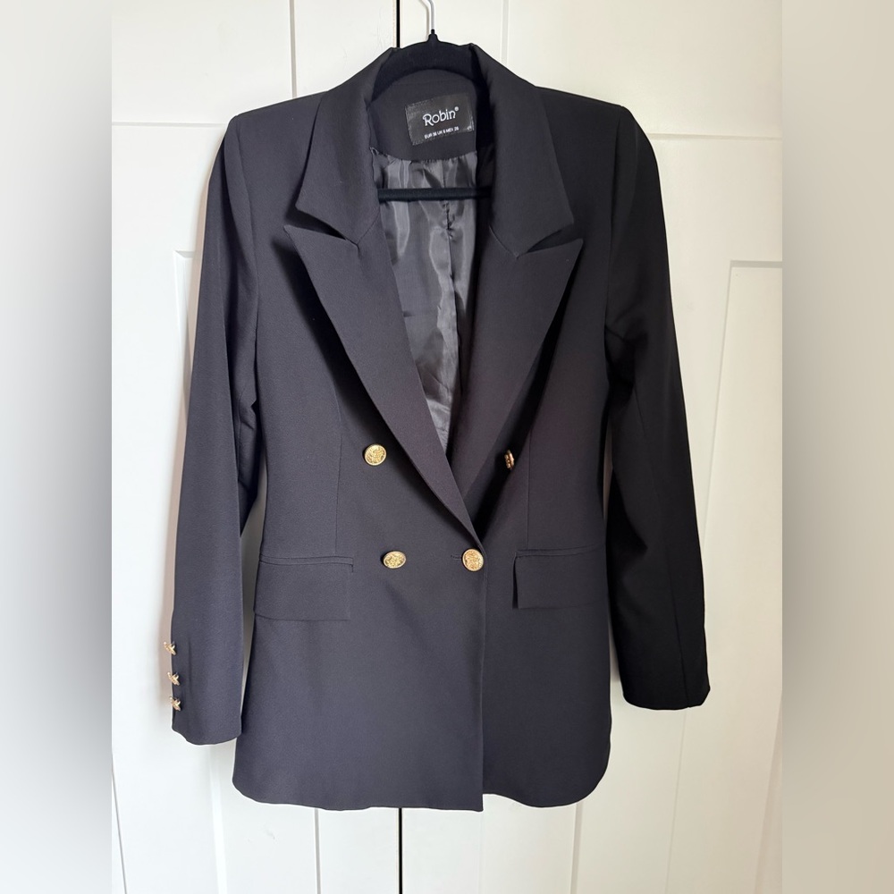 Like new Robin Black Double Breasted Blazer with gold buttons. Size S or 36 Eu.